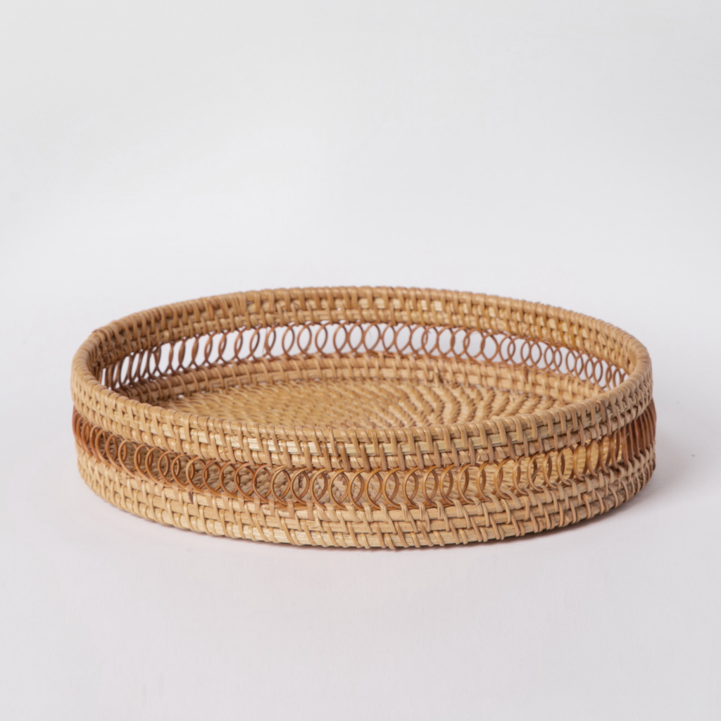 Round Rattan Tray — Decorative White Woven Tray for Coffee Table & Home