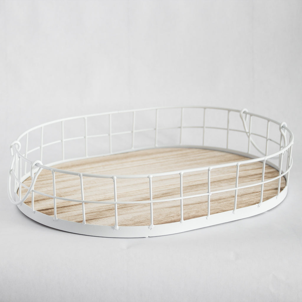 Oval Metal & Wood Decorative Tray — Rustic White Accent Tray for Home