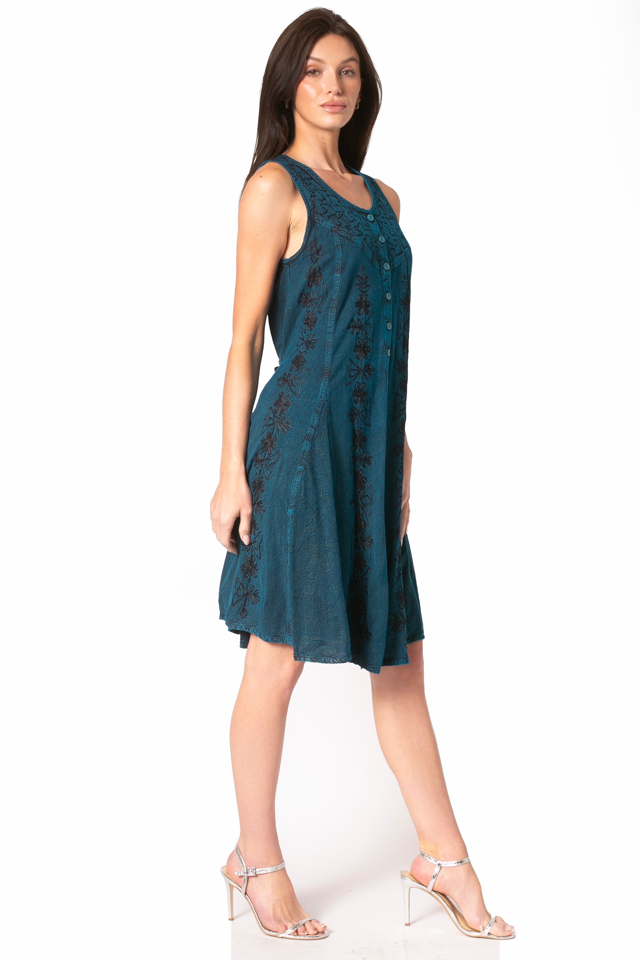 Sakkas Maya Midi Floral Embroidered Sleeveless Button Up Rayon Dress