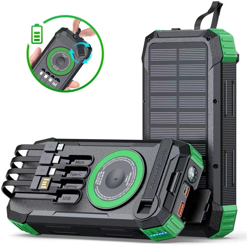 30000mAh Hand Crank Solar Power Bank Magnetic Wireless 22.5W Fast Charging for Airpods iWatch for iPhone 16 Powerbank with Light