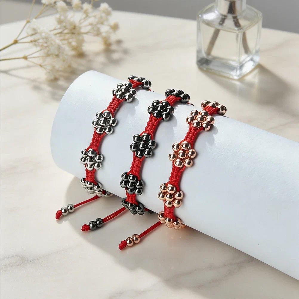 Handmade Red Rope Braided Bracelets Petal Shape Copper Beads Cluster Bangles for Women Men Friendship Couple Lucky Jewelry Gift