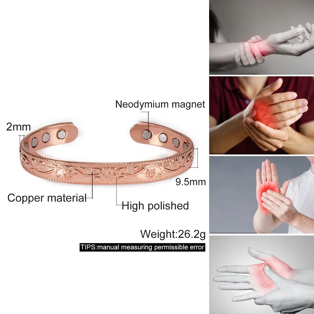 Solid Copper Bracelets for Women Adjustable Cuff Flower Copper Magnetic Bracelet Arthritis Benefit Health Energy Bracelet Female