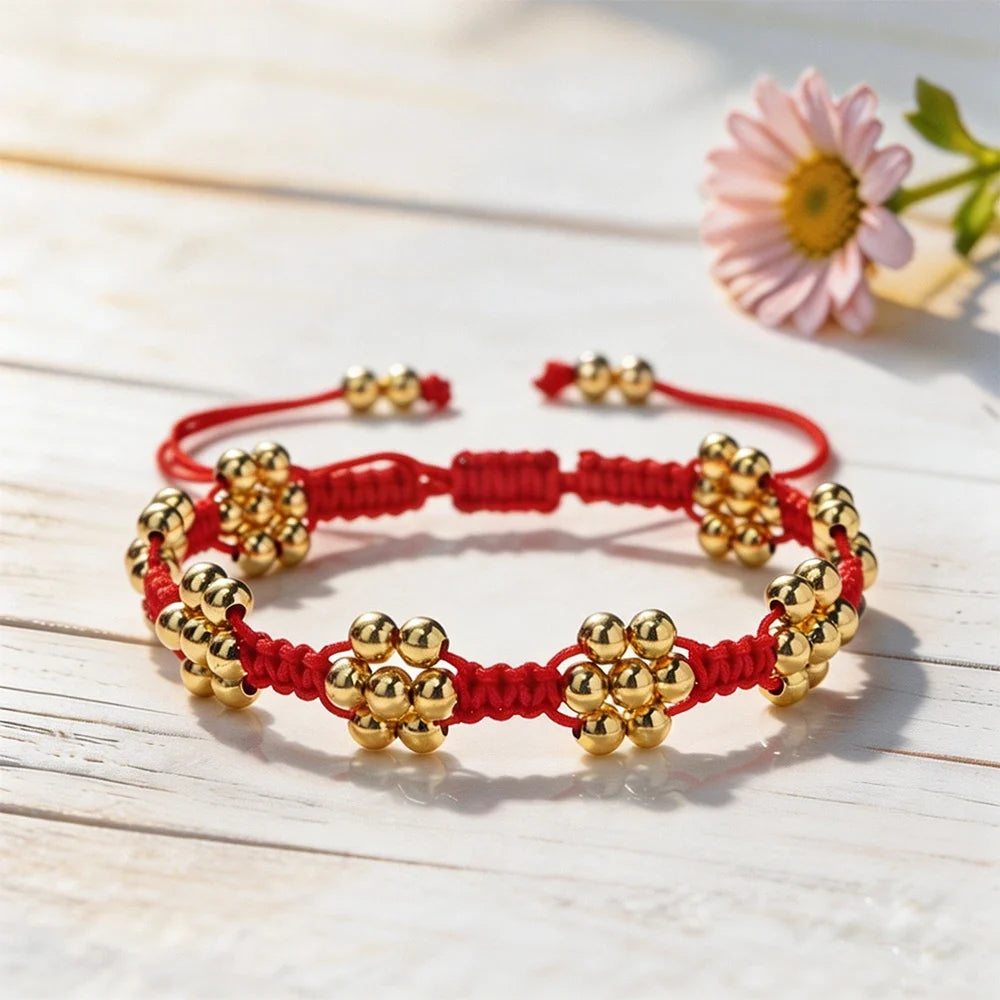 Handmade Red Rope Braided Bracelets Petal Shape Copper Beads Cluster Bangles for Women Men Friendship Couple Lucky Jewelry Gift