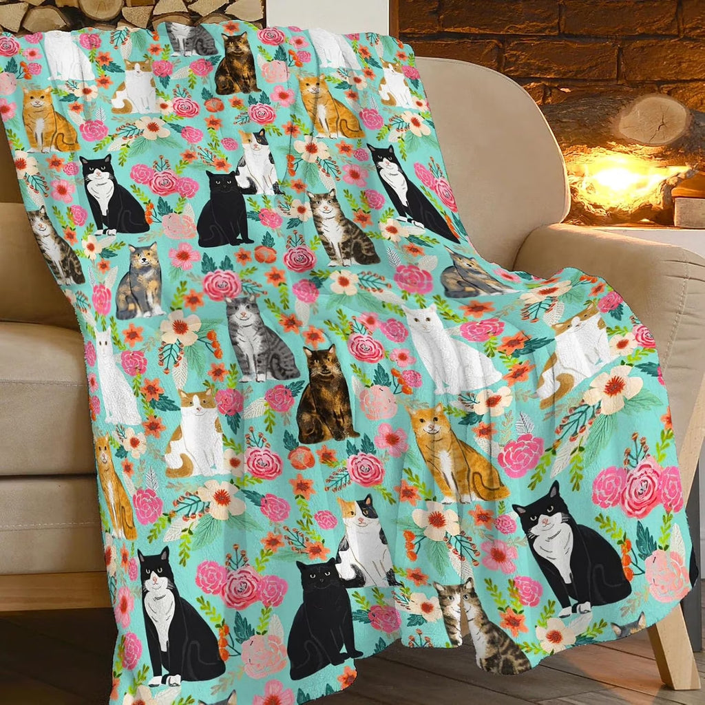 Cute Cat Print Flannel Blanket Soft gift girl nap All-Season Washable camping US
