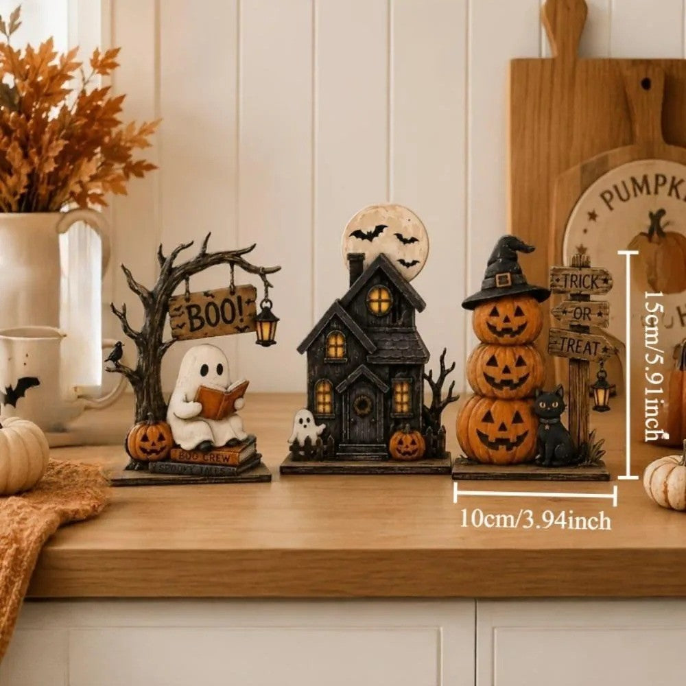 3pc Halloween Decor Set Haunted House Ghost Pumpkin Tabletop Statue Centerpiece