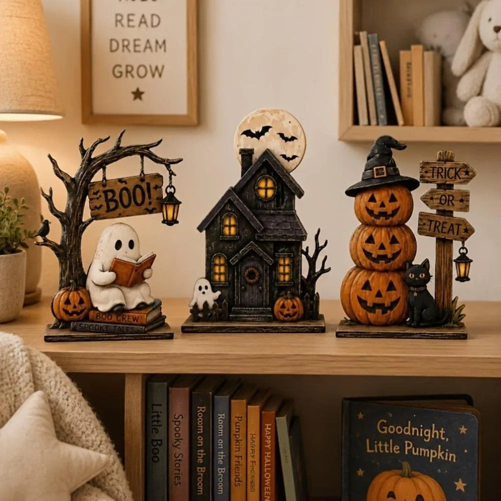 3pc Halloween Decor Set Haunted House Ghost Pumpkin Tabletop Statue Centerpiece