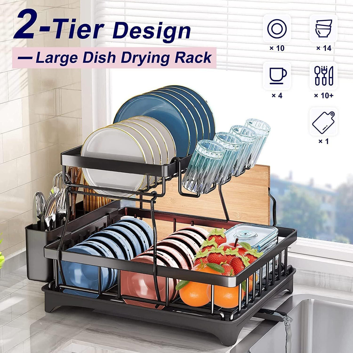 2 Tier Large Drying Rack with Drainboard Set Glass Utensil Holder Dish Drainers