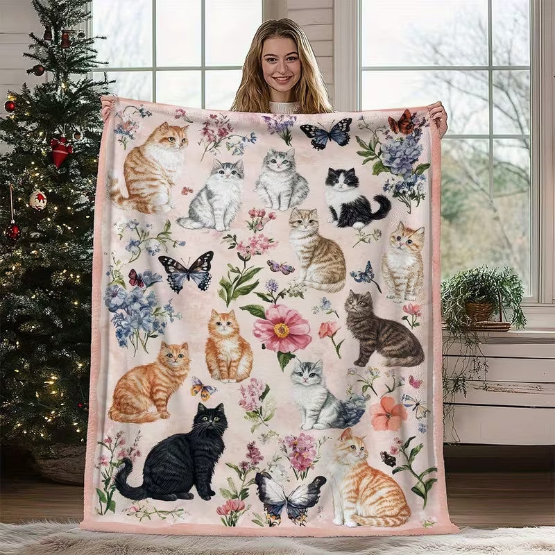 Cute Cat Print Flannel Blanket Soft gift girl nap All-Season Washable camping US