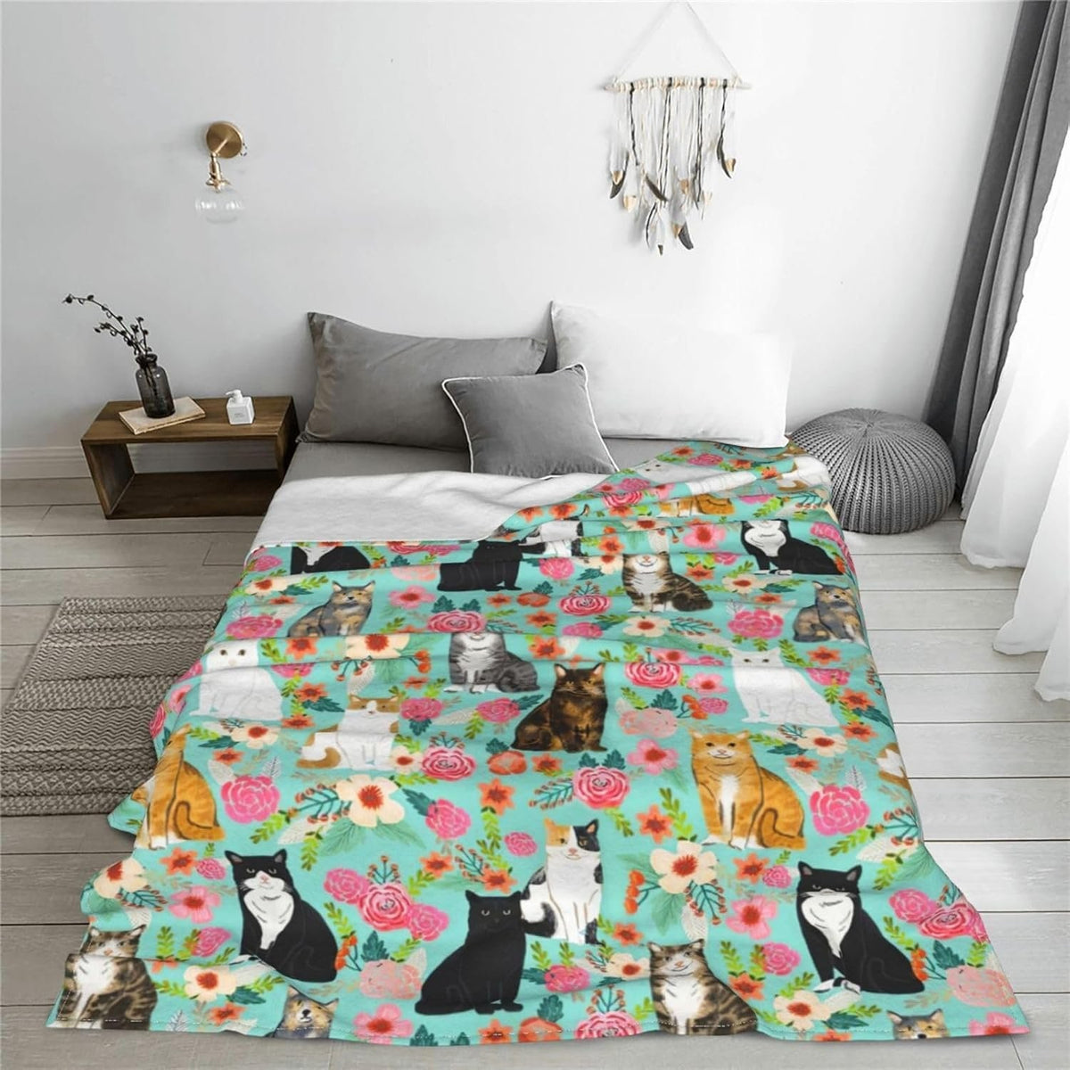 Cute Cat Print Flannel Blanket Soft gift girl nap All-Season Washable camping US