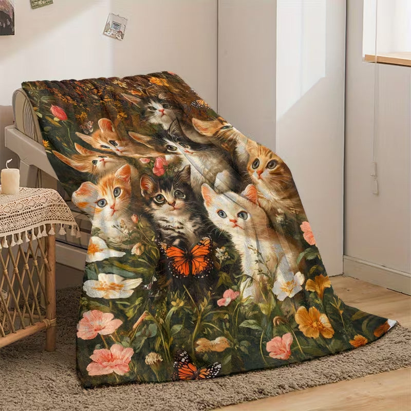 Cute Cat Print Flannel Blanket Soft gift girl nap All-Season Washable camping US