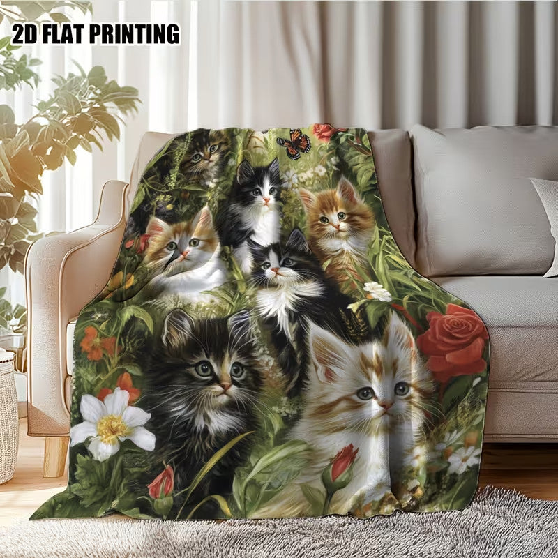 Cute Cat Print Flannel Blanket Soft gift girl nap All-Season Washable camping US