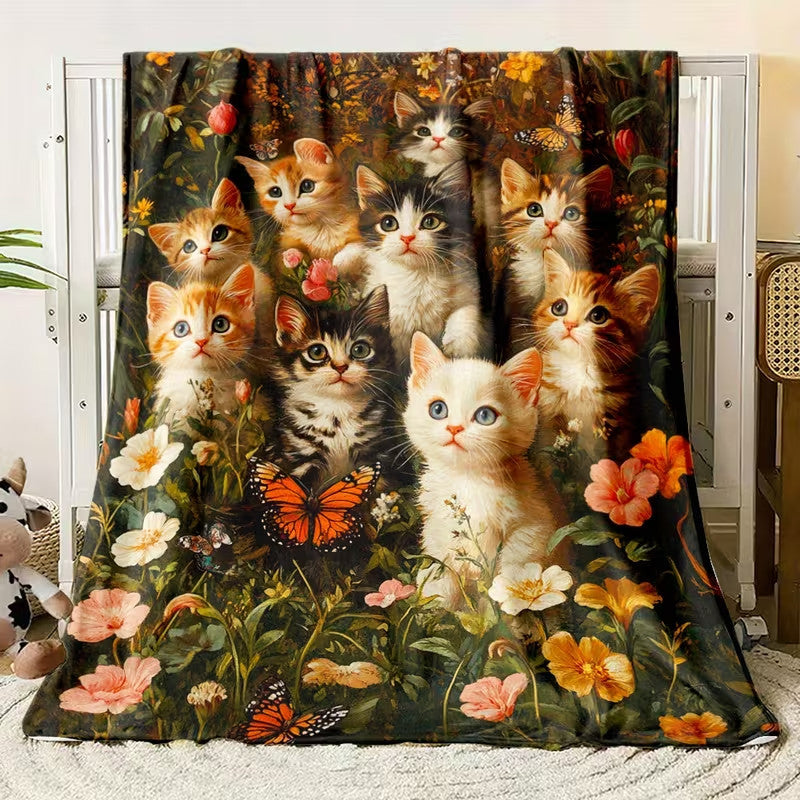 Cute Cat Print Flannel Blanket Soft gift girl nap All-Season Washable camping US
