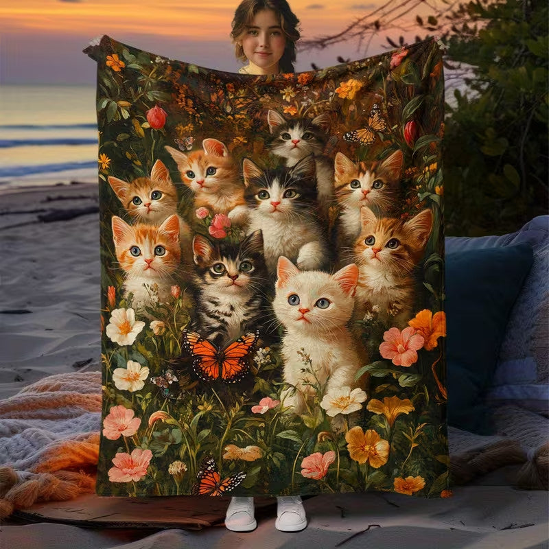 Cute Cat Print Flannel Blanket Soft gift girl nap All-Season Washable camping US