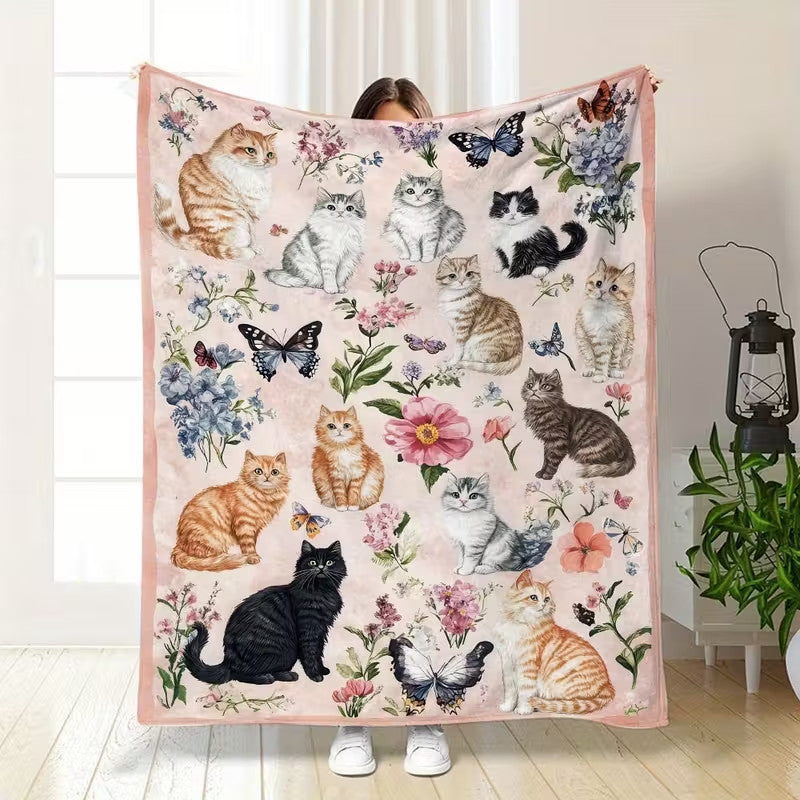 Cute Cat Print Flannel Blanket Soft gift girl nap All-Season Washable camping US