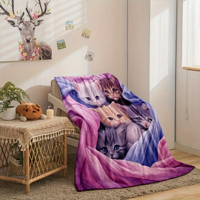 Cute Cat Print Flannel Blanket Soft gift girl nap All-Season Washable camping US