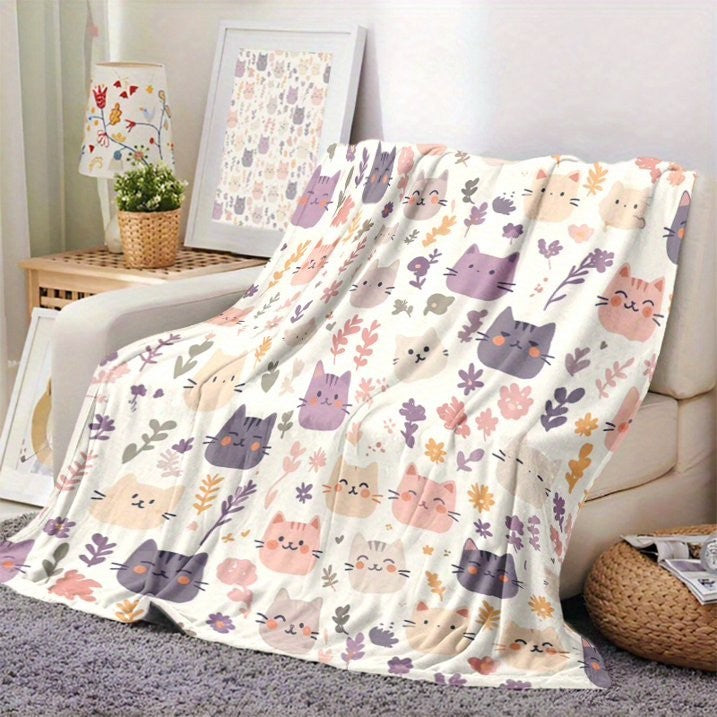 Cute Cat Print Flannel Blanket Soft gift girl nap All-Season Washable camping US