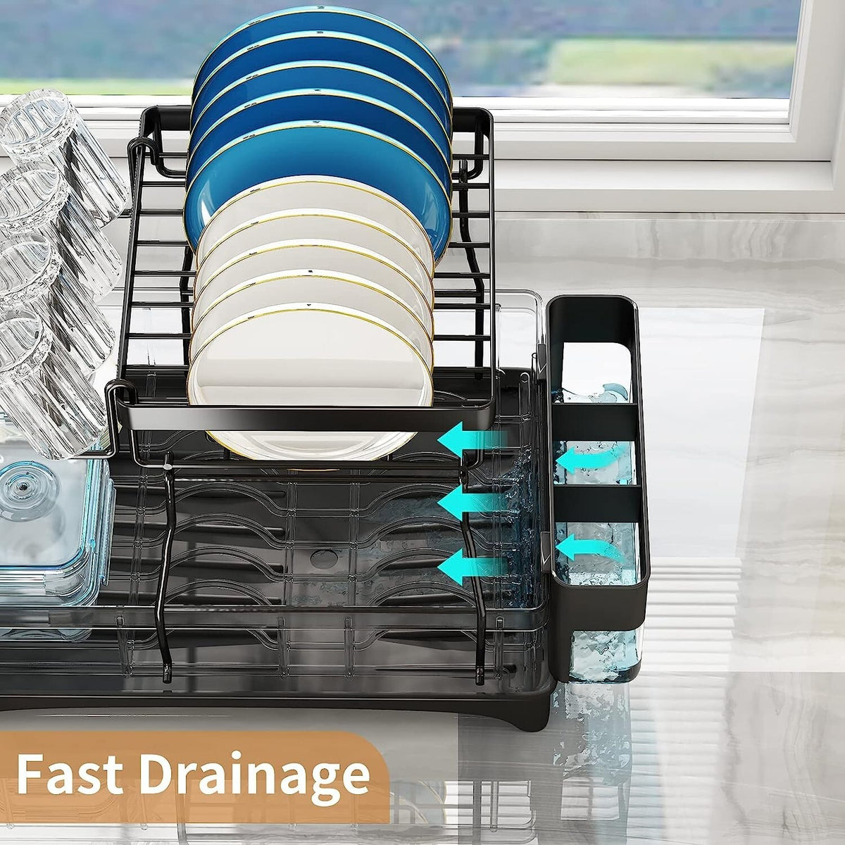 2 Tier Large Drying Rack with Drainboard Set Glass Utensil Holder Dish Drainers