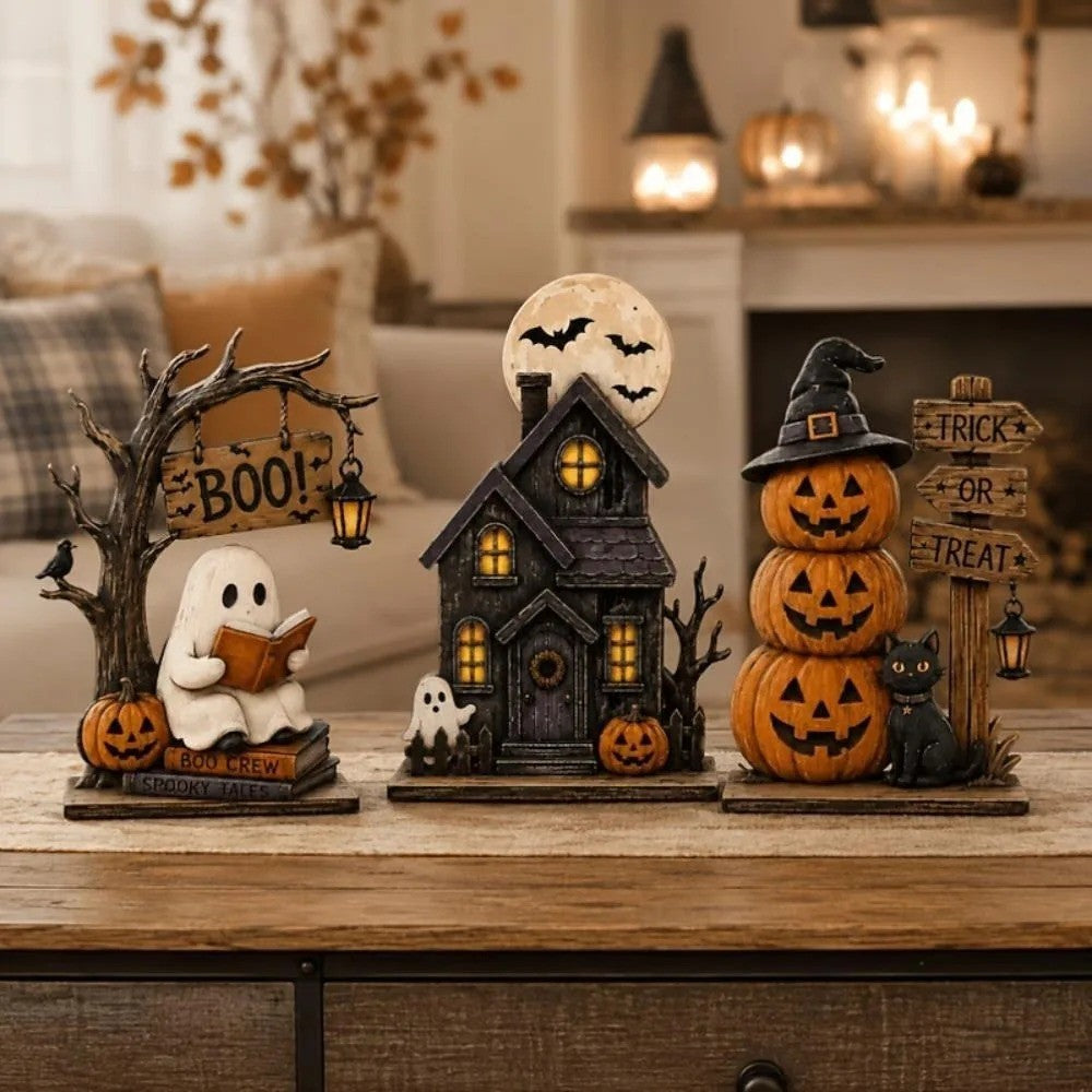 3pc Halloween Decor Set Haunted House Ghost Pumpkin Tabletop Statue Centerpiece