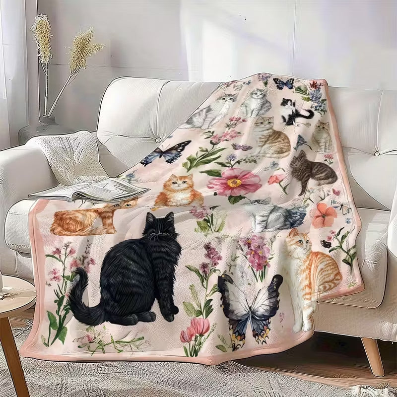 Cute Cat Print Flannel Blanket Soft gift girl nap All-Season Washable camping US