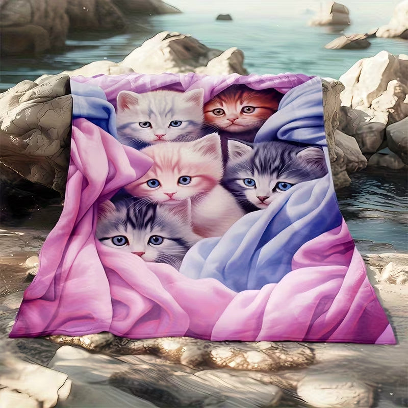 Cute Cat Print Flannel Blanket Soft gift girl nap All-Season Washable camping US