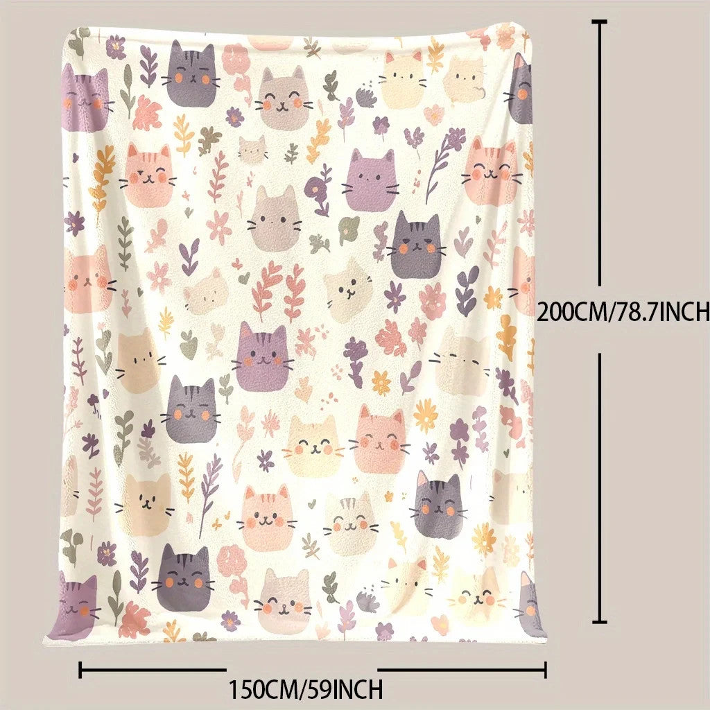 Cute Cat Print Flannel Blanket Soft gift girl nap All-Season Washable camping US
