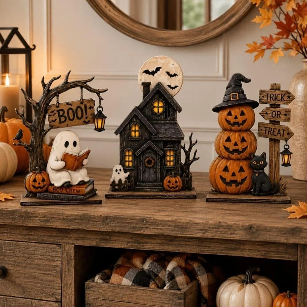 3pc Halloween Decor Set Haunted House Ghost Pumpkin Tabletop Statue Centerpiece