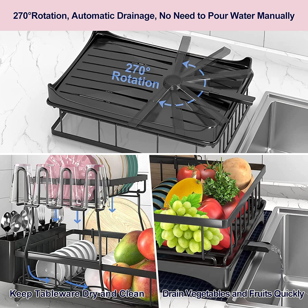 2 Tier Large Drying Rack with Drainboard Set Glass Utensil Holder Dish Drainers