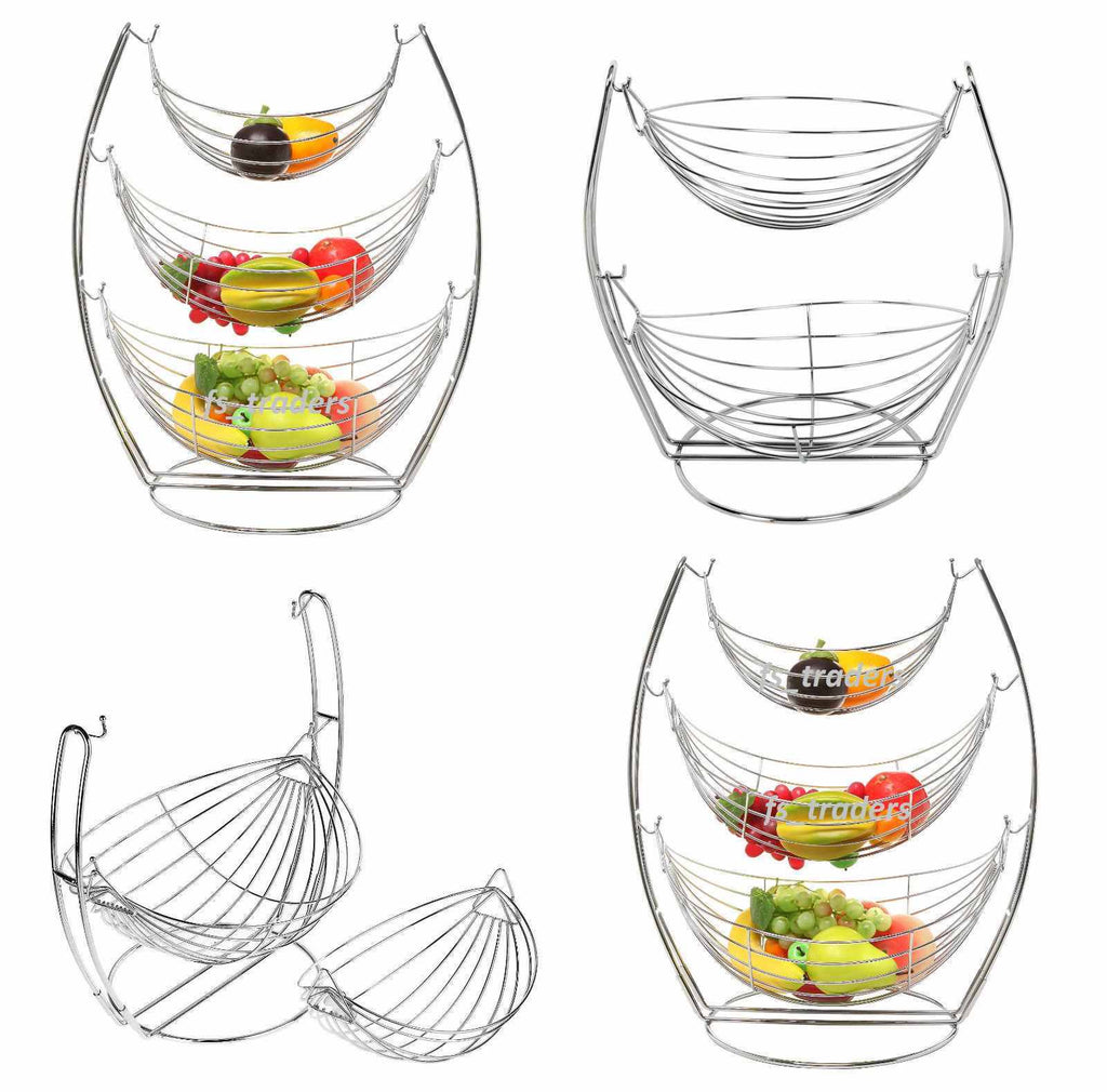 Chrome Swinging Fruit Vegetable Bowl Basket 2 & 3 Tier Rack Storage Stand Holder
