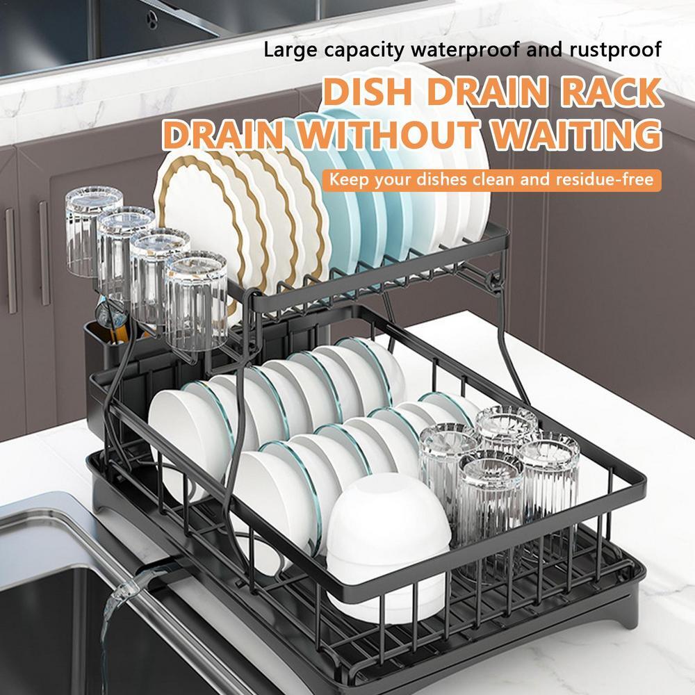 2 Tier Large Drying Rack with Drainboard Set Glass Utensil Holder Dish Drainers