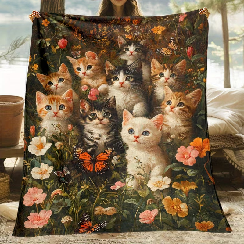 Cute Cat Print Flannel Blanket Soft gift girl nap All-Season Washable camping US