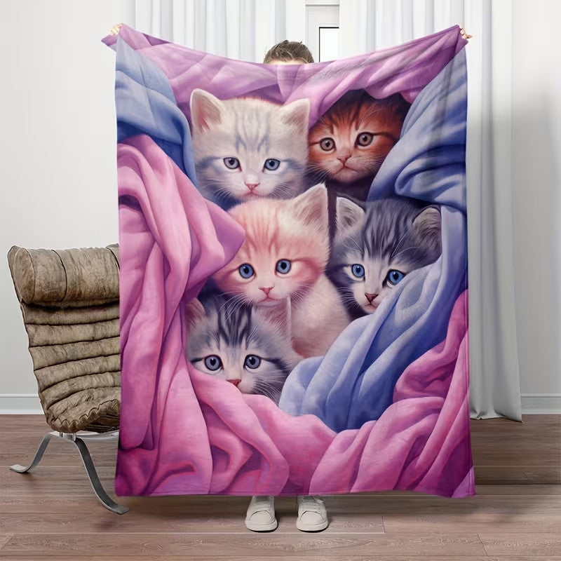 Cute Cat Print Flannel Blanket Soft gift girl nap All-Season Washable camping US
