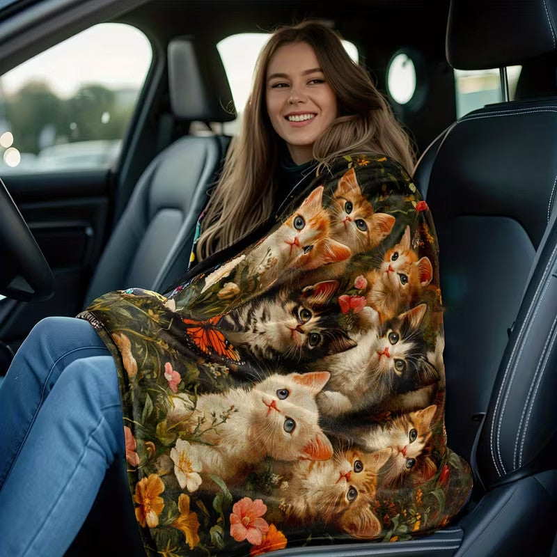 Cute Cat Print Flannel Blanket Soft gift girl nap All-Season Washable camping US