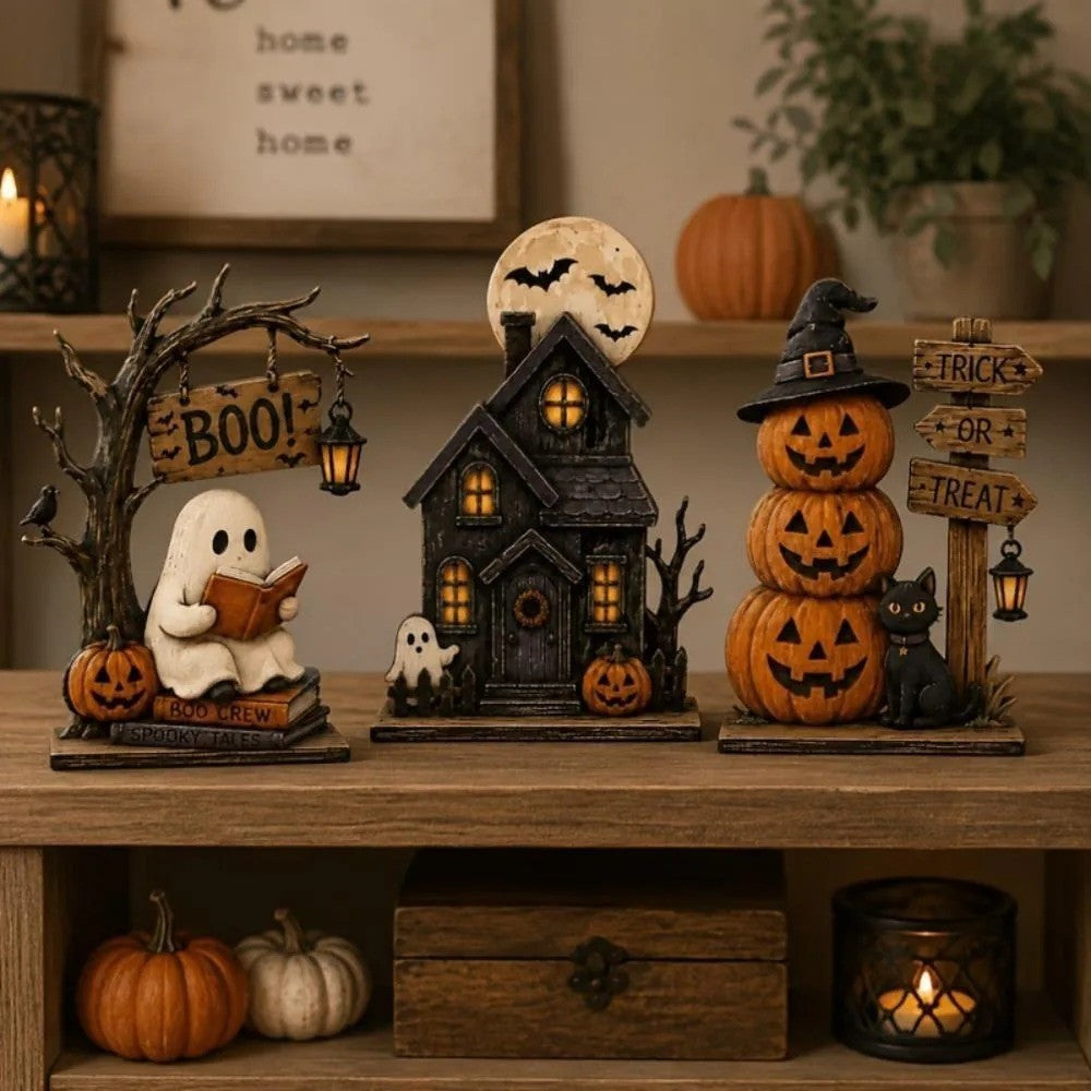 3pc Halloween Decor Set Haunted House Ghost Pumpkin Tabletop Statue Centerpiece