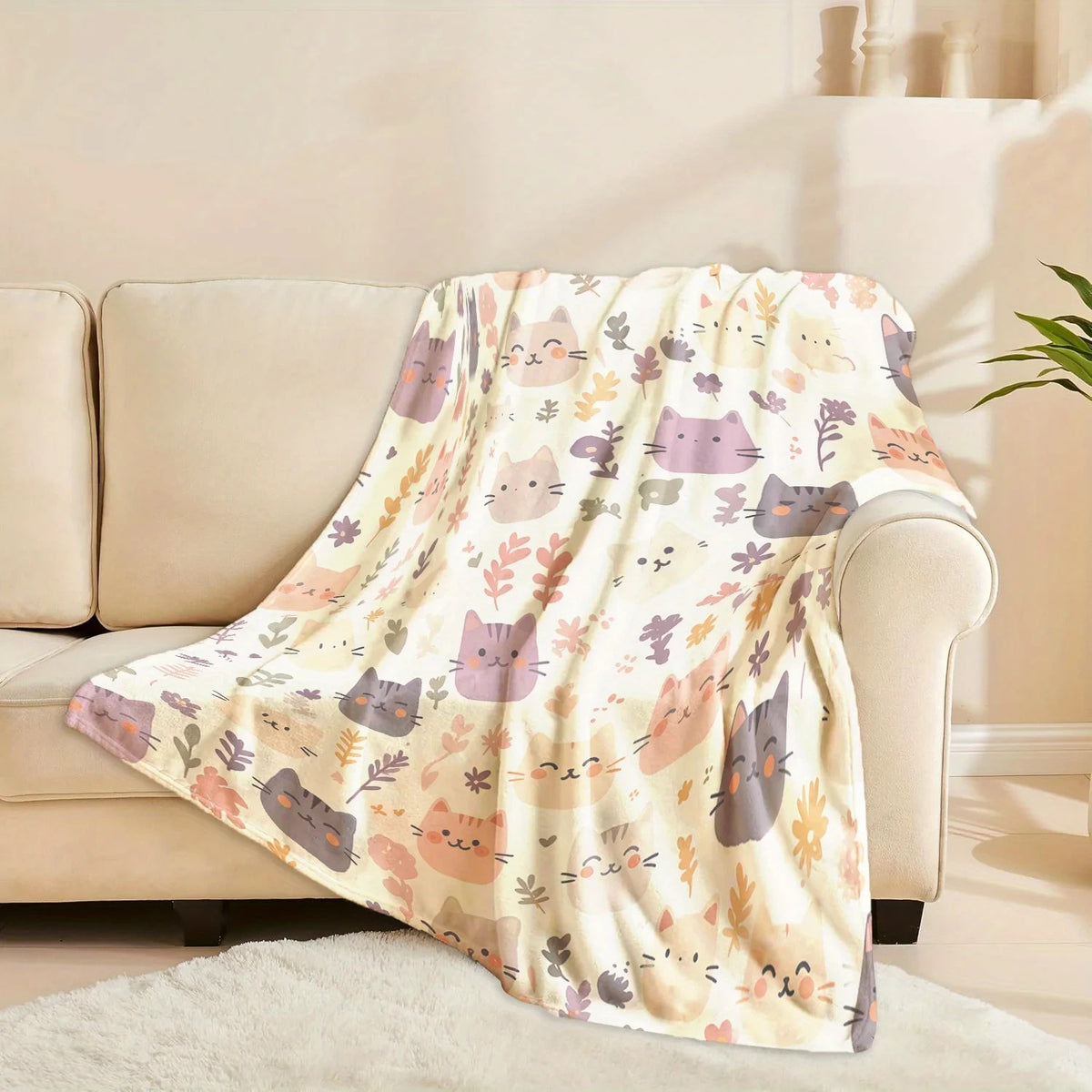 Cute Cat Print Flannel Blanket Soft gift girl nap All-Season Washable camping US
