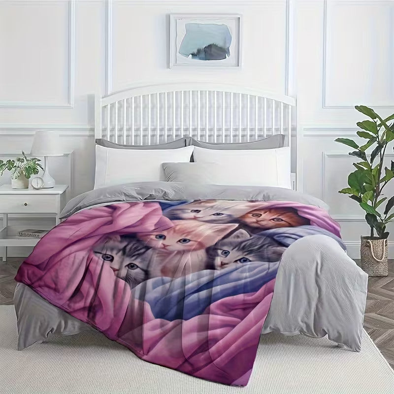 Cute Cat Print Flannel Blanket Soft gift girl nap All-Season Washable camping US