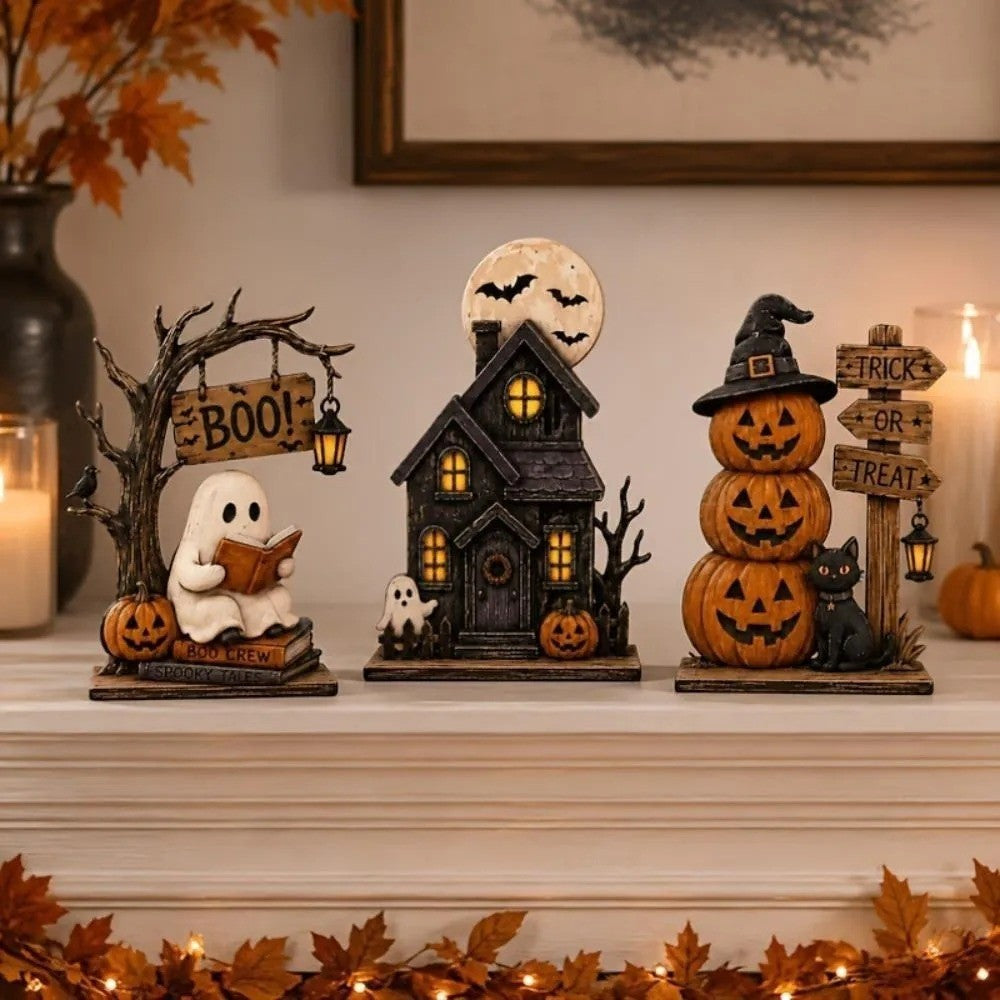 3pc Halloween Decor Set Haunted House Ghost Pumpkin Tabletop Statue Centerpiece