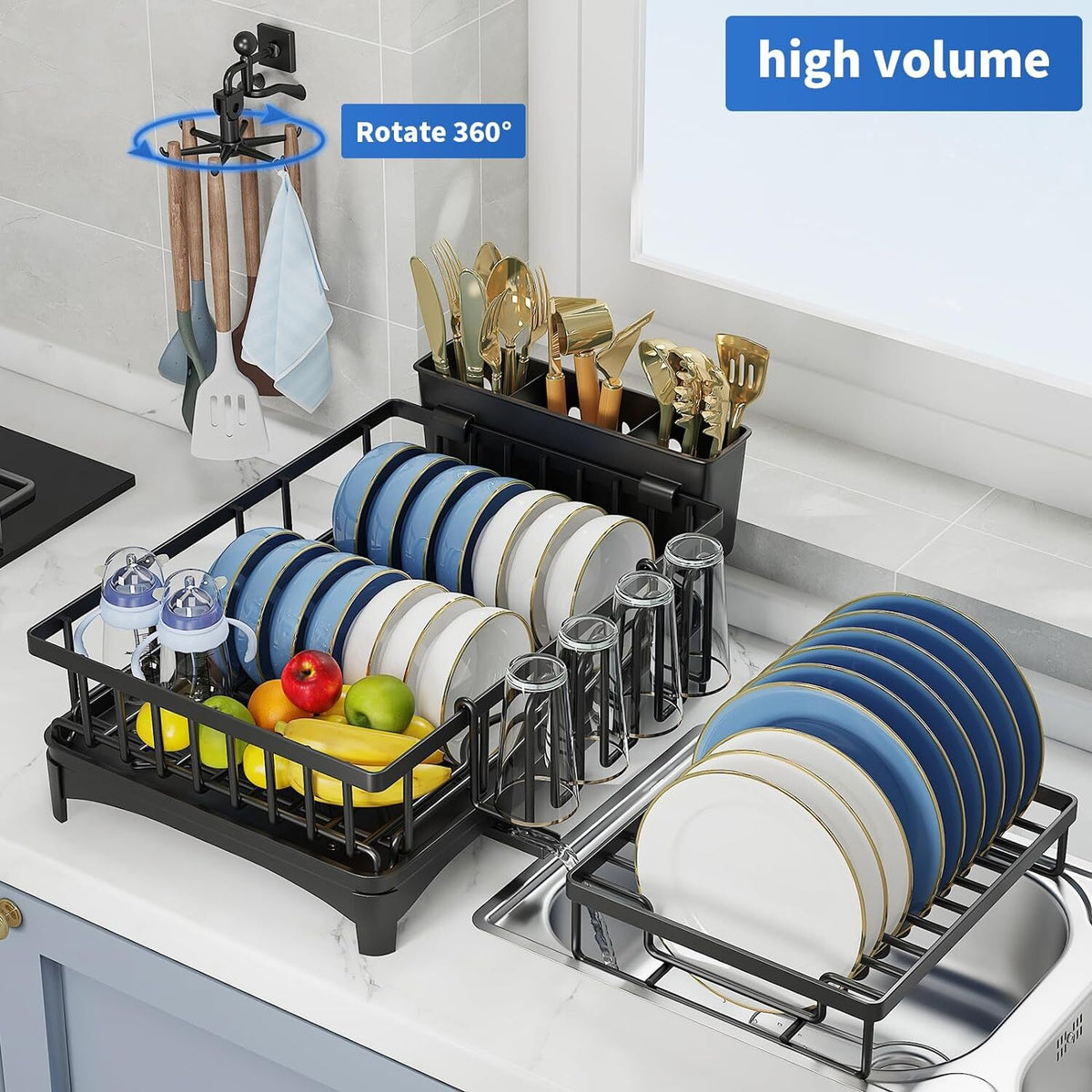 2 Tier Large Drying Rack with Drainboard Set Glass Utensil Holder Dish Drainers
