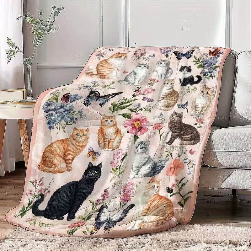 Cute Cat Print Flannel Blanket Soft gift girl nap All-Season Washable camping US
