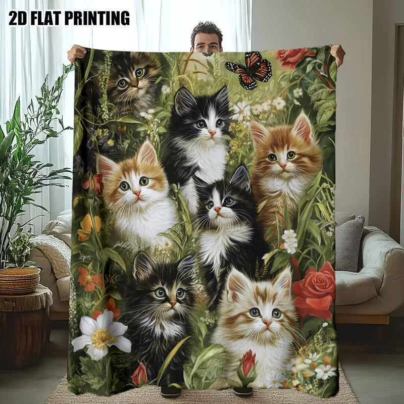 Cute Cat Print Flannel Blanket Soft gift girl nap All-Season Washable camping US