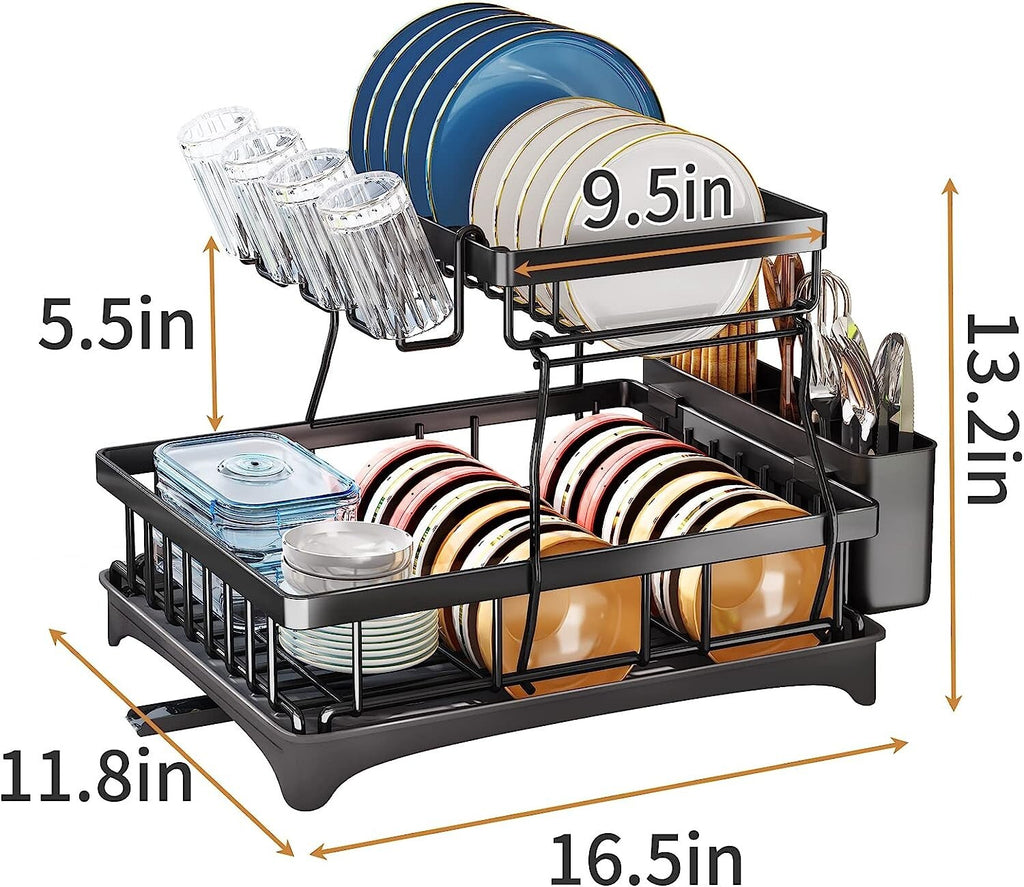 2 Tier Large Drying Rack with Drainboard Set Glass Utensil Holder Dish Drainers