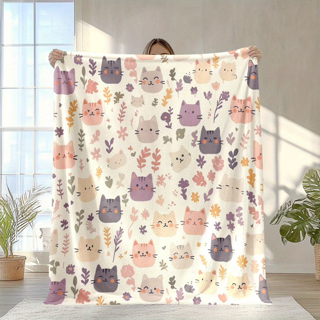 Cute Cat Print Flannel Blanket Soft gift girl nap All-Season Washable camping US