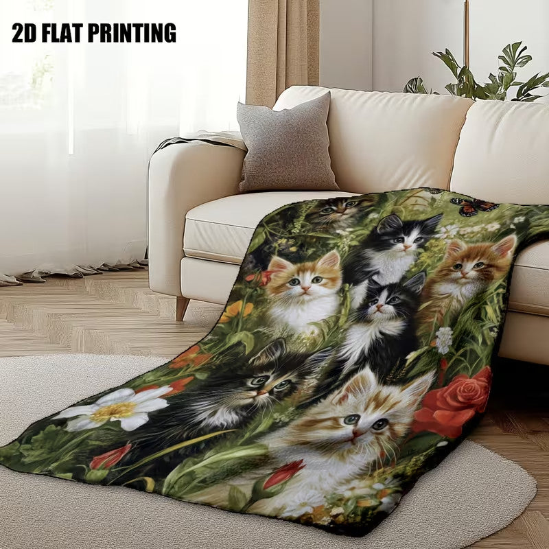 Cute Cat Print Flannel Blanket Soft gift girl nap All-Season Washable camping US