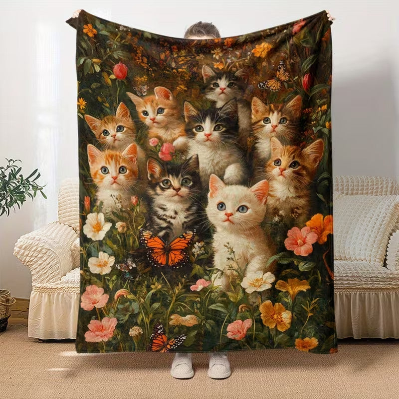 Cute Cat Print Flannel Blanket Soft gift girl nap All-Season Washable camping US