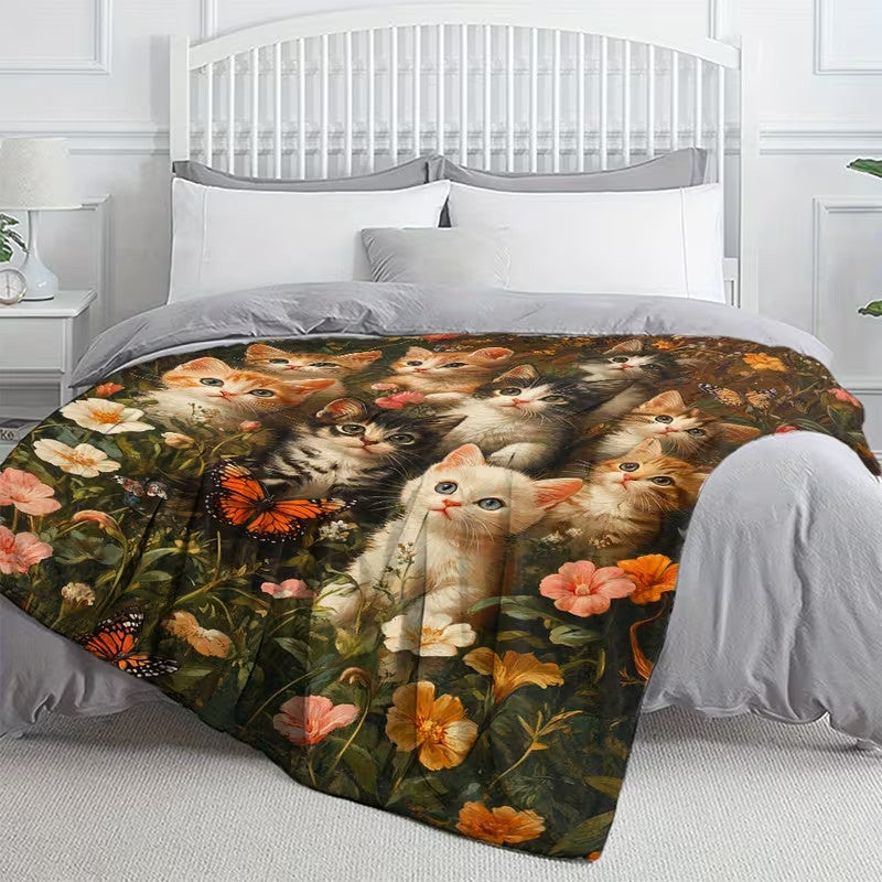Cute Cat Print Flannel Blanket Soft gift girl nap All-Season Washable camping US
