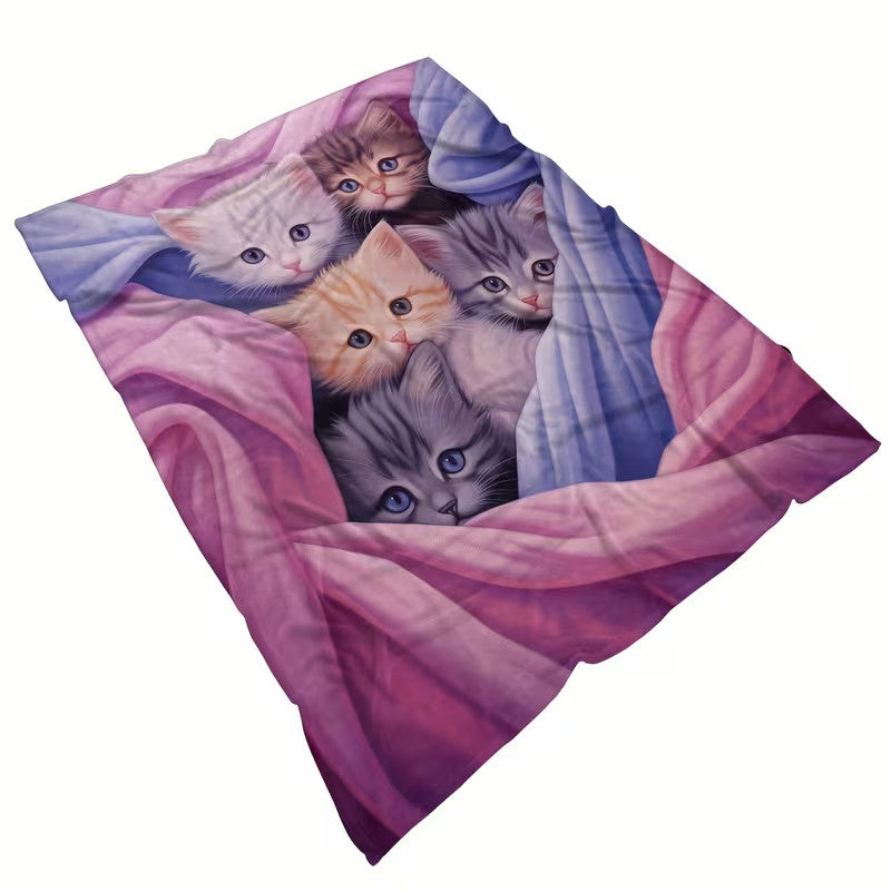 Cute Cat Print Flannel Blanket Soft gift girl nap All-Season Washable camping US